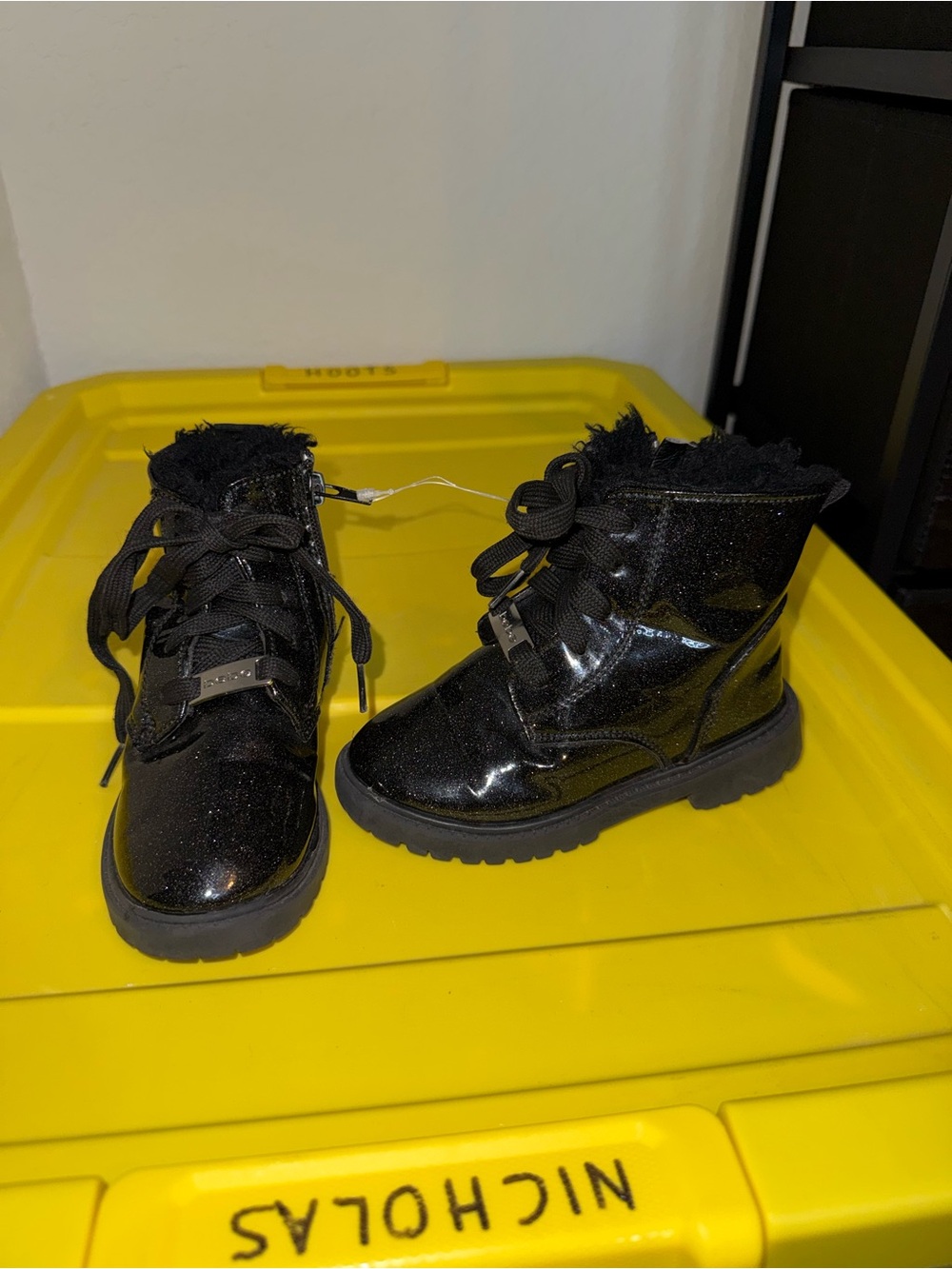 Girls BEBE Black Glitter Lace Up Fur Lined Boots